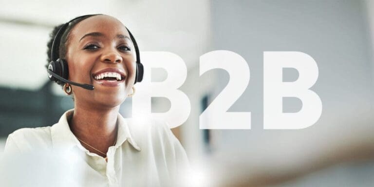 B2B text with lady smiling wearing headset