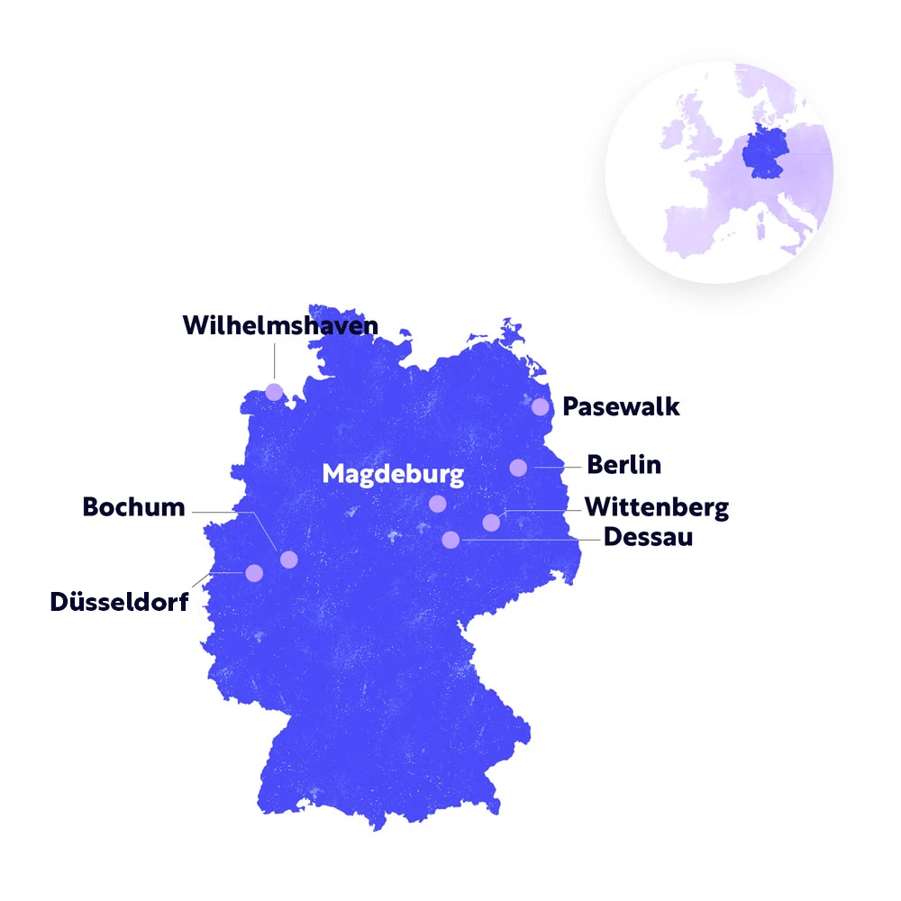 A map of Germany displaying Foundever locations. CX outsourcing in Germany.