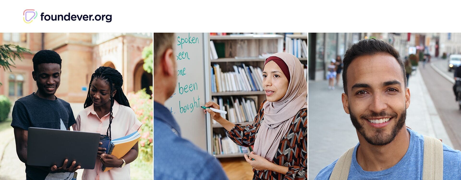 Three photos of people working together and smiling