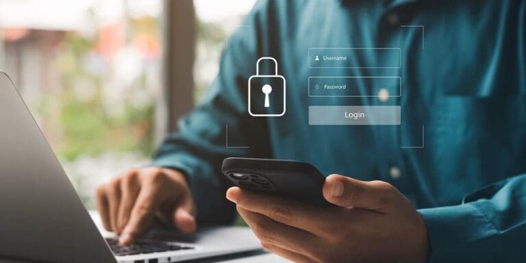 A person looks at their smartphone with a lock icon illustration over the top of the photo