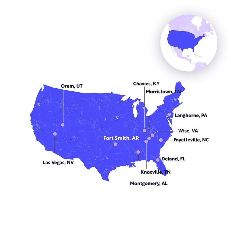 A map of the United States displaying Foundever locations. CX outsourcing in the United States.