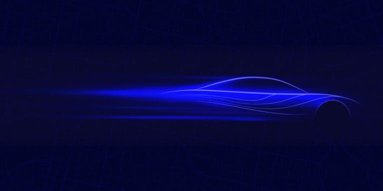 Illustration of a fast-moving cobalt blue sports car with a black background