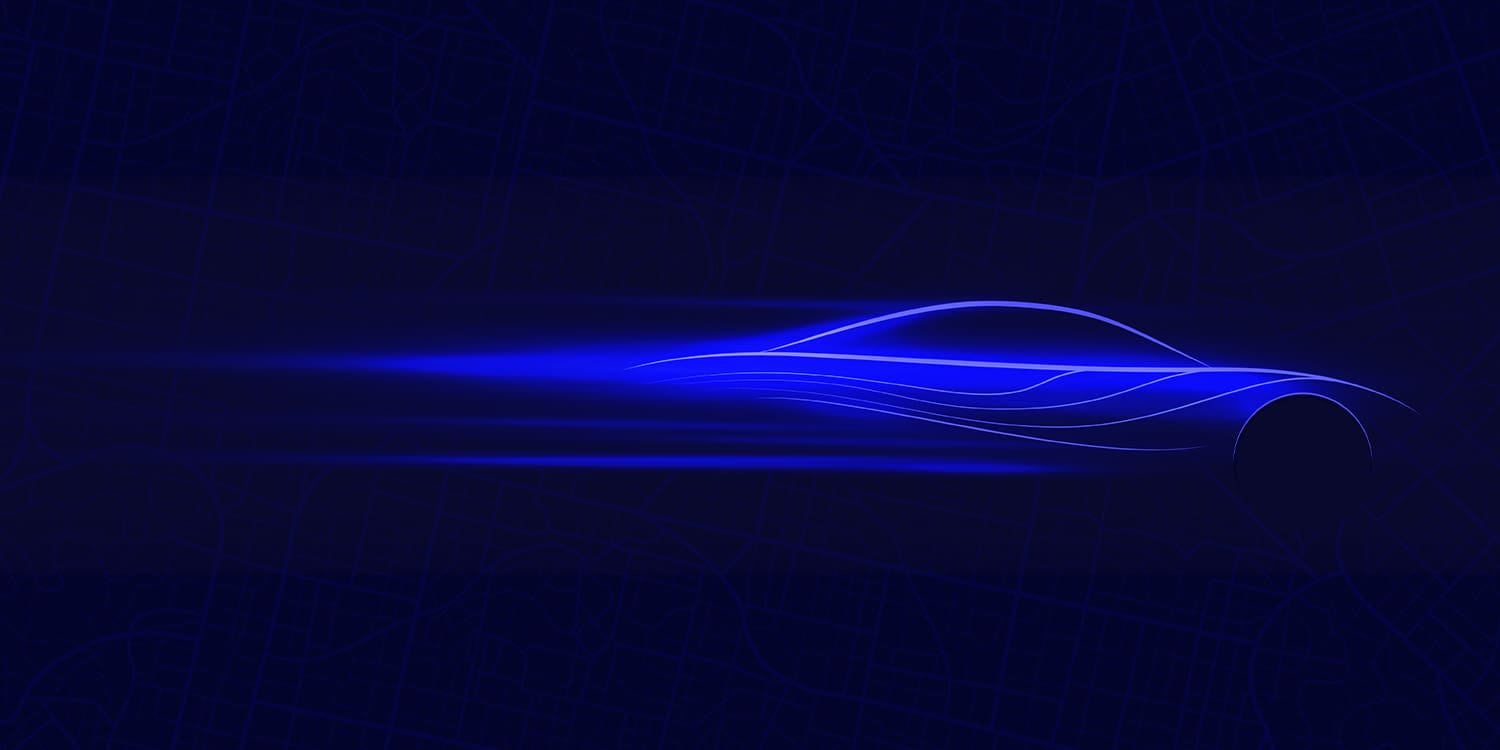 Illustration of a fast-moving cobalt blue sports car with a black background