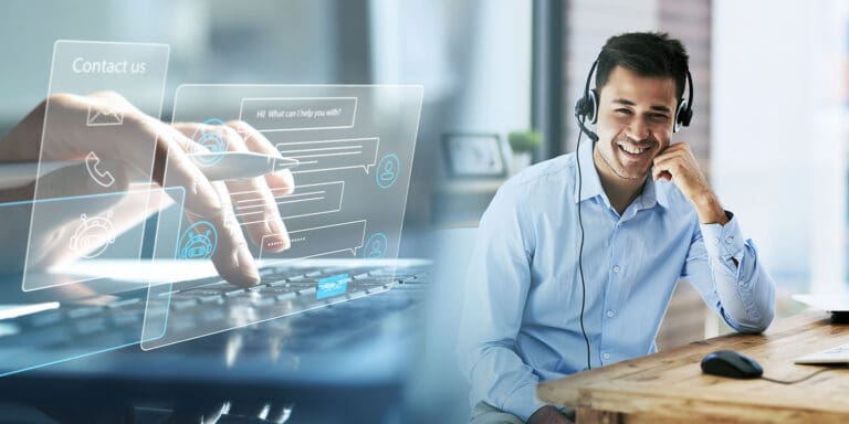 A customer care agent wearing a headset takes a call, with an image of hands typing on a laptop superimposed on the left side of the photo