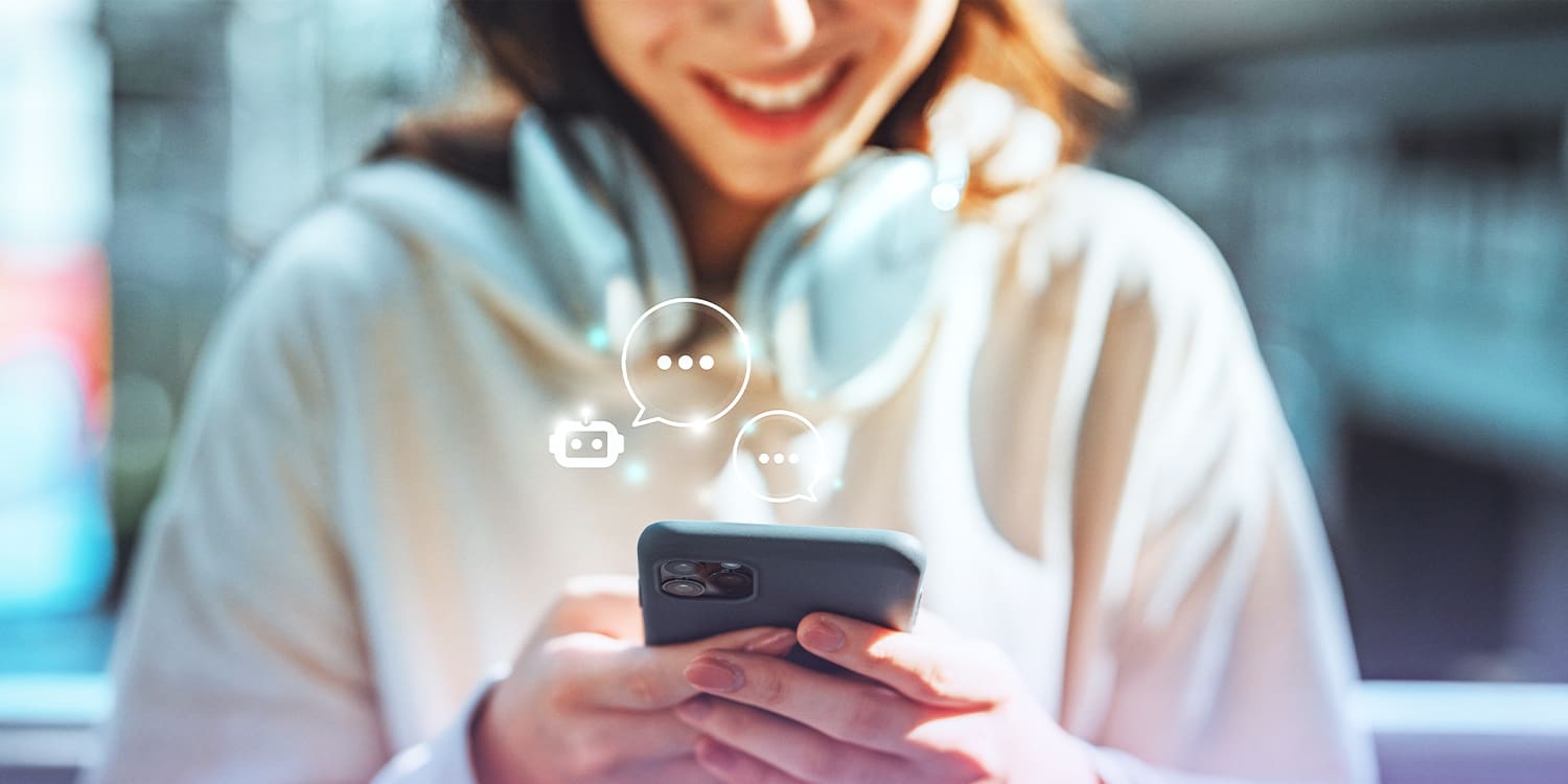 Closeup of woman smiling and using a smartphone with illustrations of interactions coming out of the phone's screen