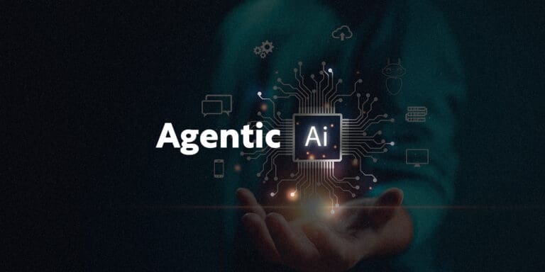 A man's hand is held upward with an illustration of "Agentic AI" above it