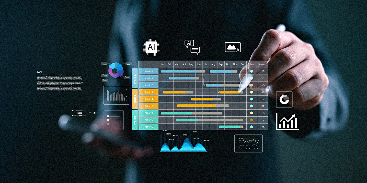 Closeup of a man using a pen to interact with a digital chart and graphs displayed over the photo