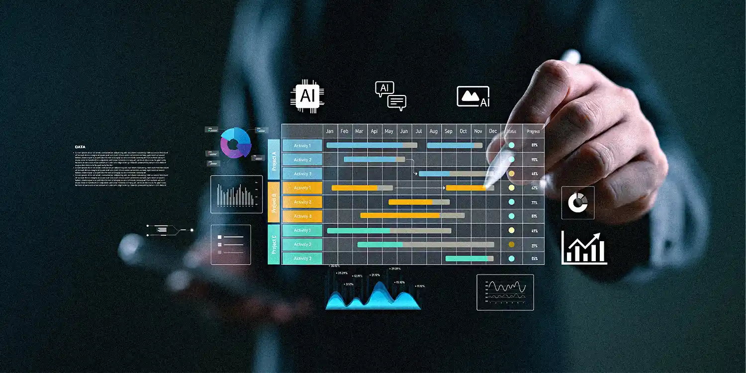 Closeup of a man using a pen to interact with a digital chart and graphs displayed over the photo