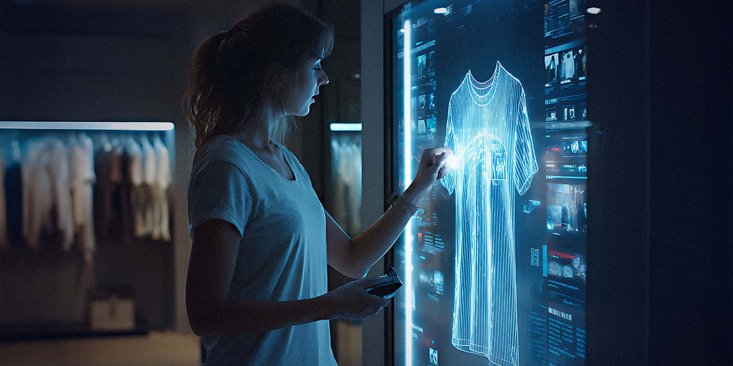 A female uses a large digital touchscreen showing a white t-shirt