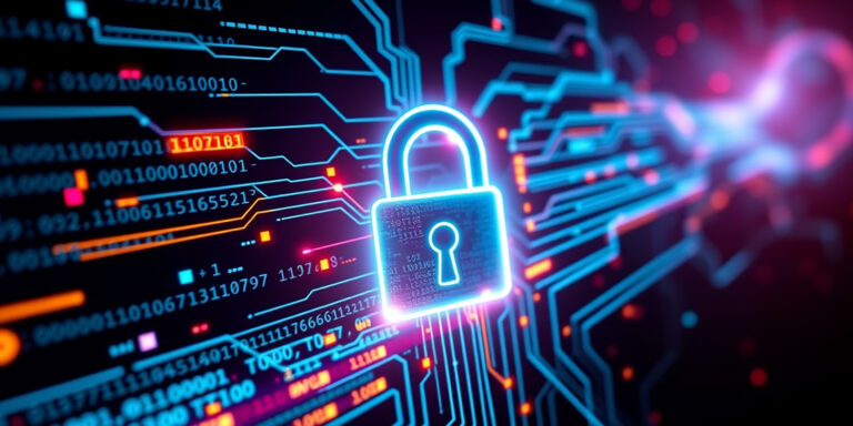 A lock icon that looks electrified with a background of digital pathways in neon colors