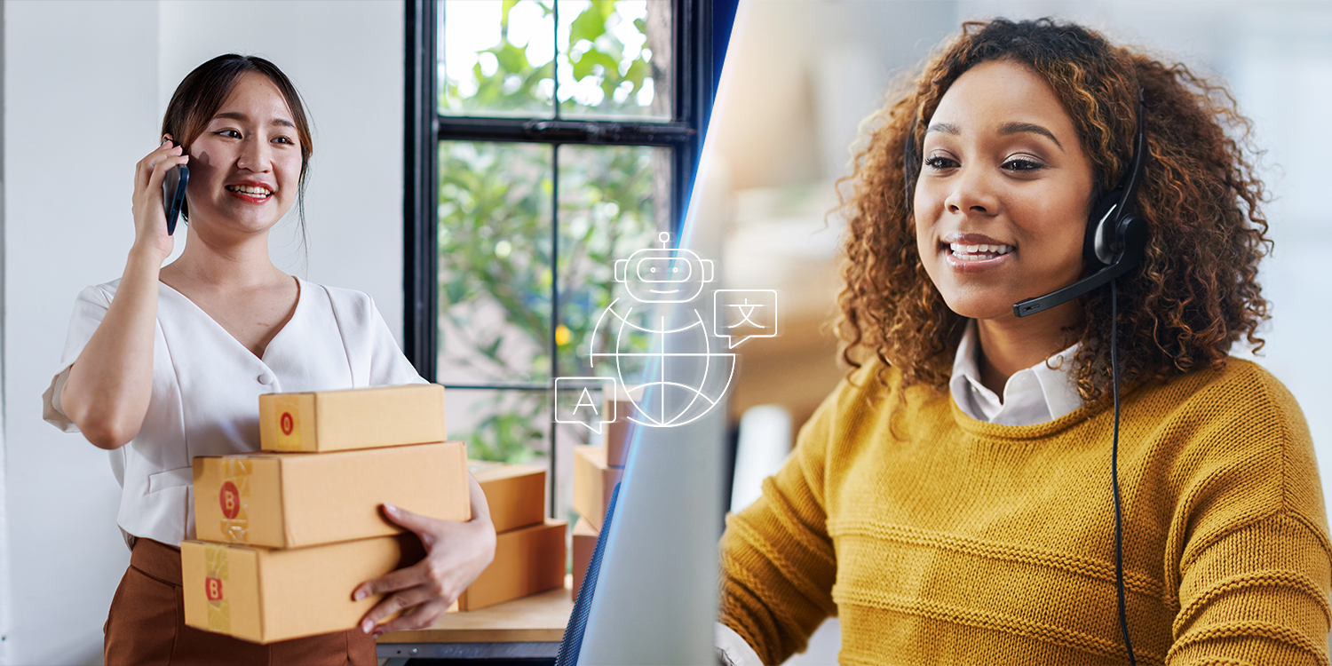 An agent interacts with a customer and uses AI translation to communicate in the customer's language