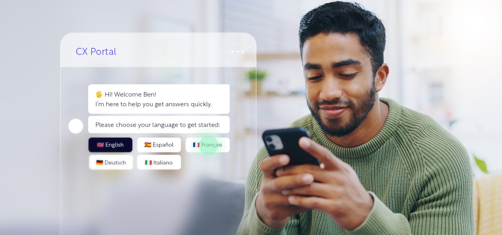 A man types on his smartphone and chooses a language to interact in with a chatbot