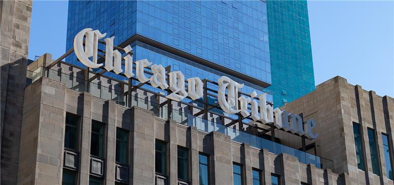 External view of the Chicago Tribune logo and building in Chicago