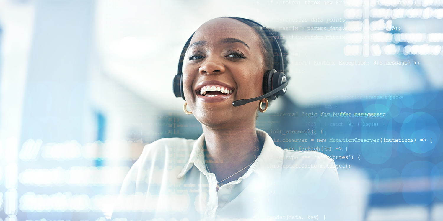 A female agent wearing a headset smiles