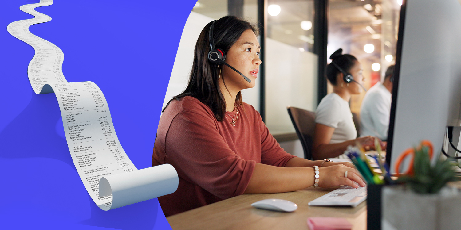 Illustration of a long receipt representing costs alongside an image of three agents wearing headsets and sitting at workstations helping customers