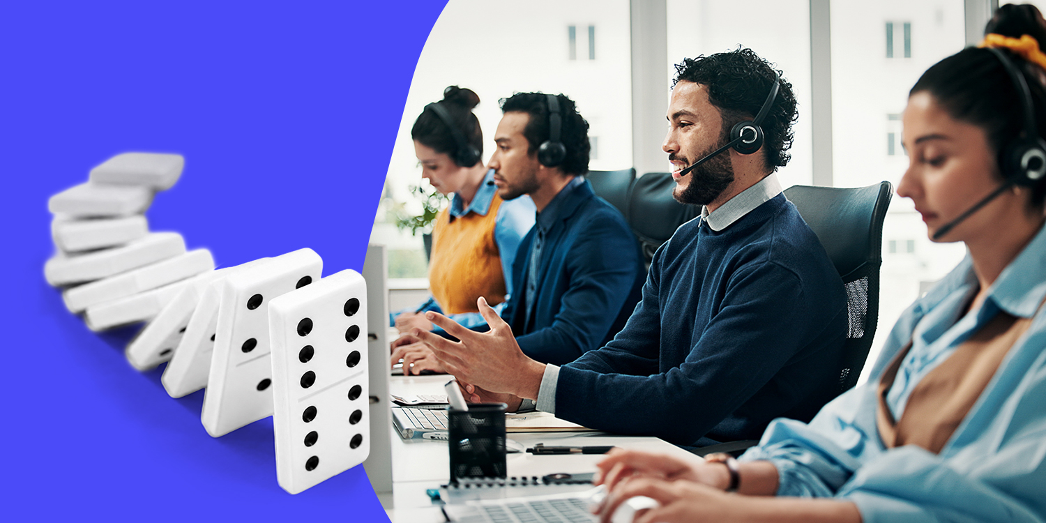 Three contact center agents take calls from customers